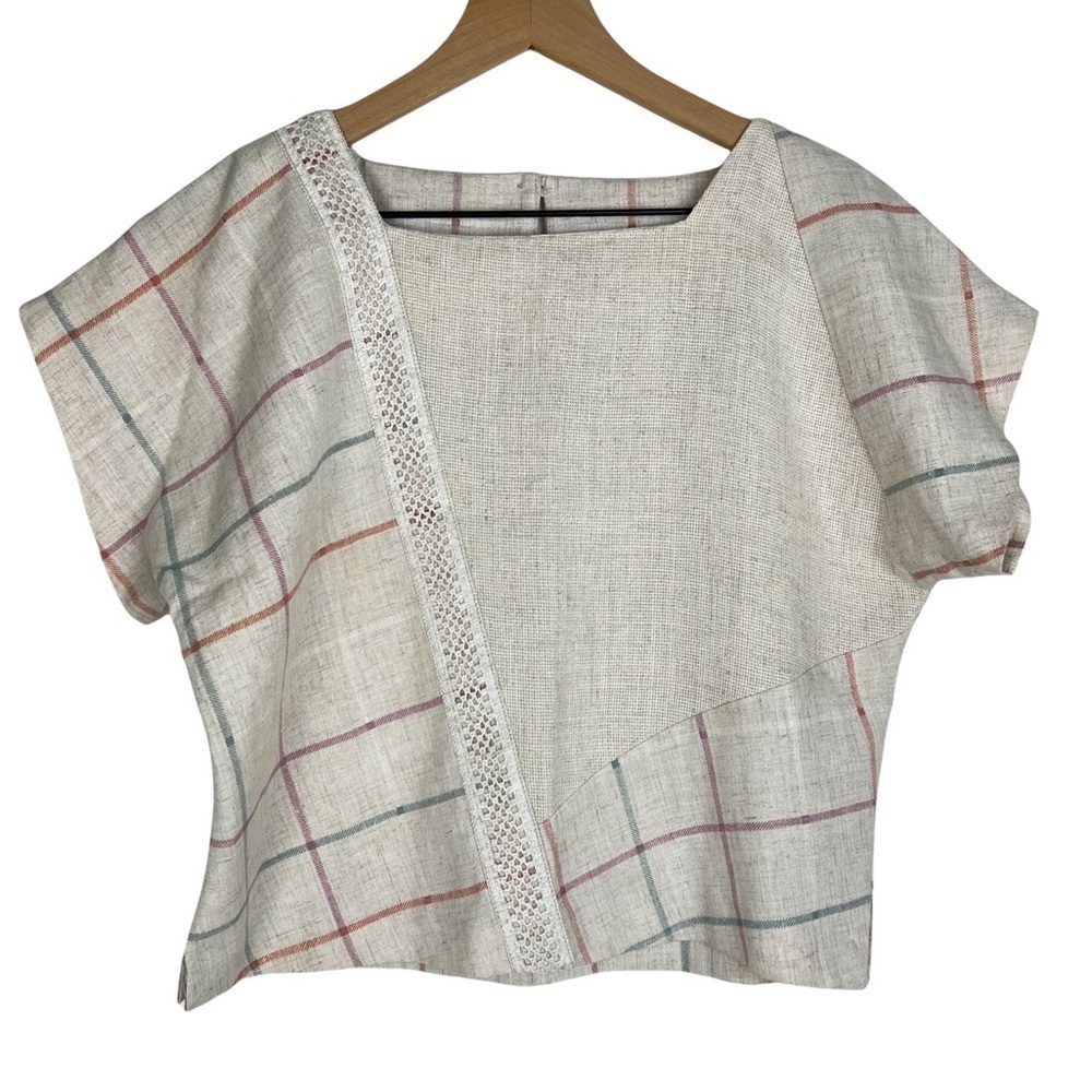 VINTAGE Flax Linen Crop Top Plaid Boxy Crochet Lace Keyhole Minimalist Grid 9/10